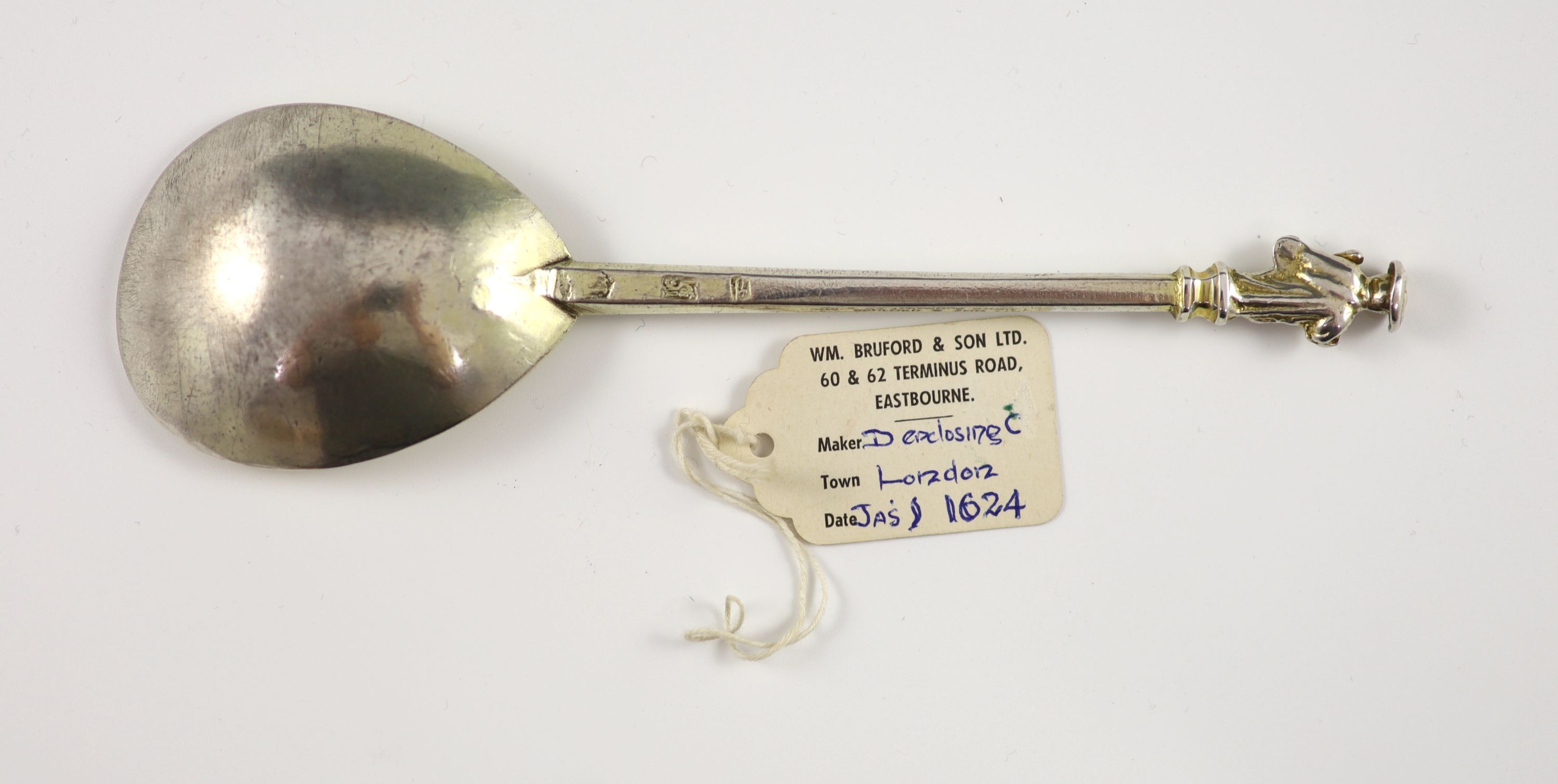 A James I silver apostle spoon, St James The Greater, indistinct maker's mark, possibly Daniel Cary, London 1624, 17.9cm, 65 grams.